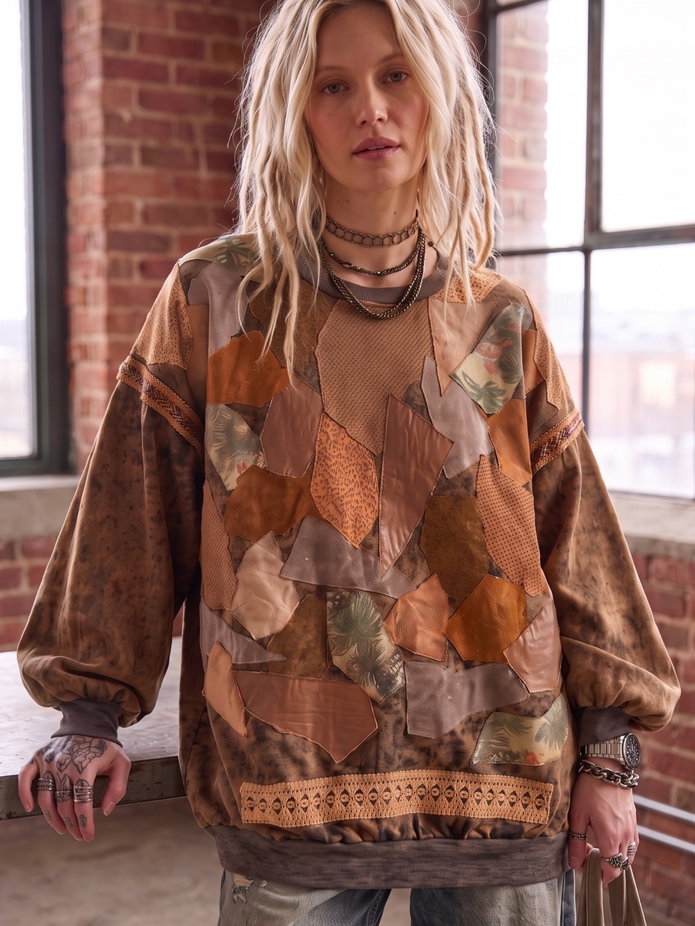 Vintage 1980s Alexis Krieghoff Patchwork Leather Sweatshirt Pullover
